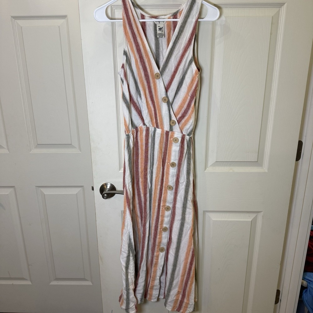 Indigo Rein M Linen Blend Sleeveless Dress Striped Wood Like‎ Buttons Natural